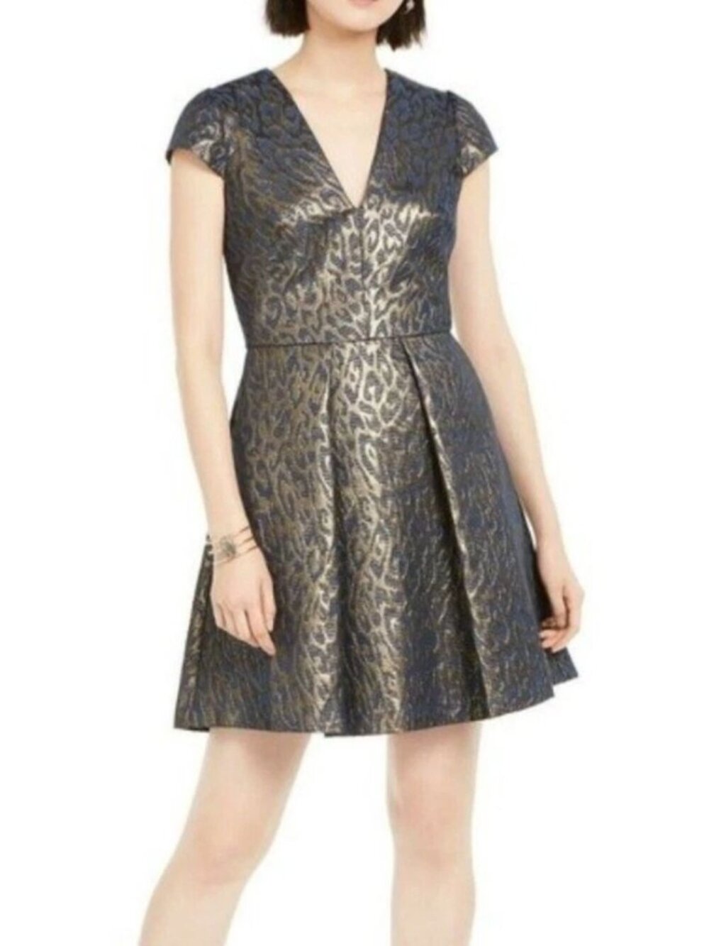 Vince Camuto Jacquard Cap Sleeve Fit Flare Dress Metallic Leopard Size 10